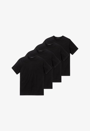 Vier schwarze Baumwoll-T-Shirts im Crew-Neck-Design, mit kurzen Ärmeln, einer glatten Textur und ohne sichtbare Muster oder Akzente.