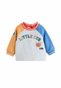 Grau sweatshirt mit orangefarbenen, blauen und roten, farbblockierten Ärmeln. "LITTLE CUB"-Text und Bärenemblem auf der Vorderseite. Weiches Material.