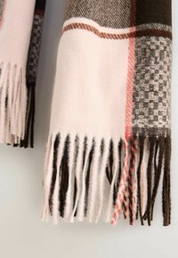 Plaid scarf featuring soft pink, dark brown, and grey colors. Has fringed edges with a textured pattern and contrasting lines.