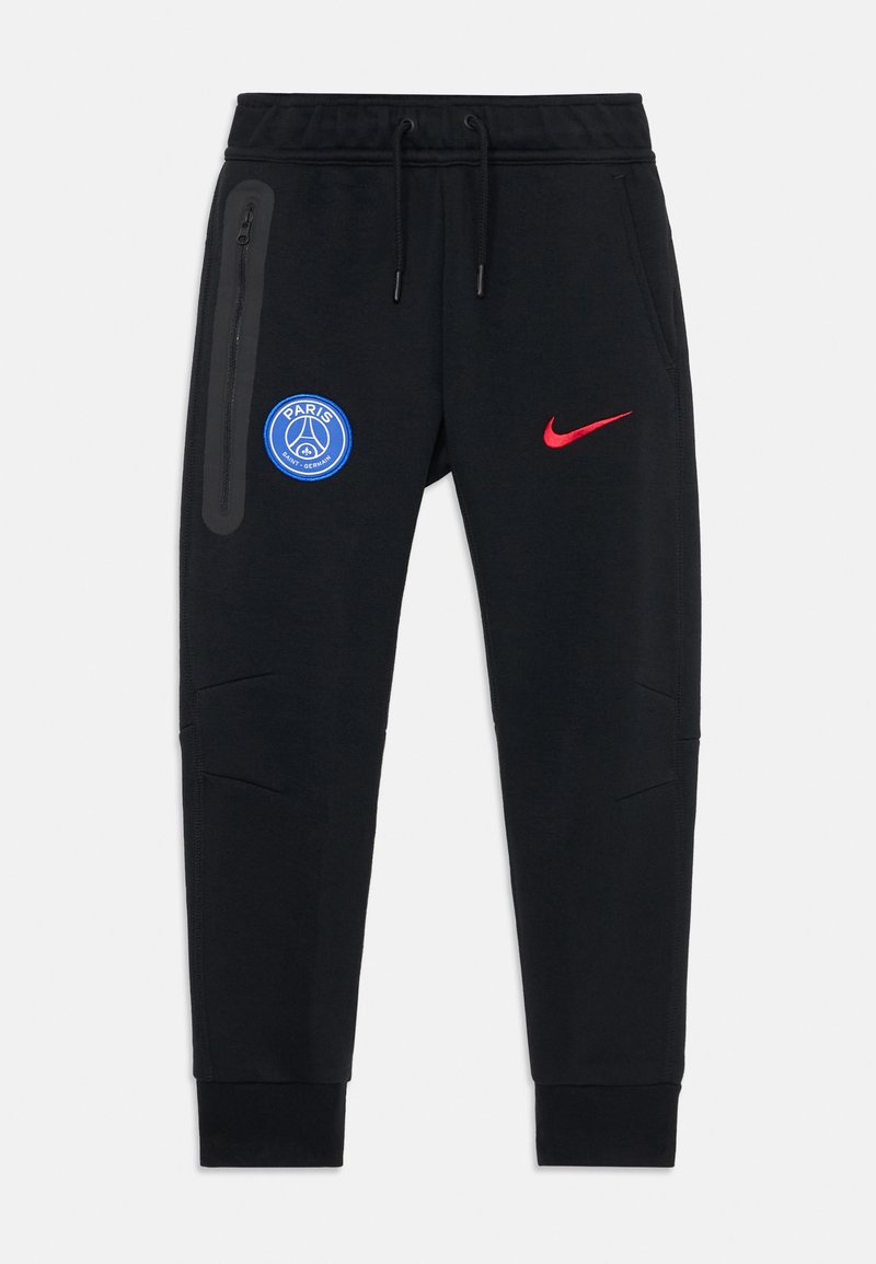 Schwarze sportliche Jogginghosen mit dem Paris Saint-Germain-Logo auf dem linken Oberschenkel und dem roten Nike-Swoosh auf dem rechten Oberschenkel, ausgestattet mit einer Reißverschlusstasche und einem Kordelzugbund.