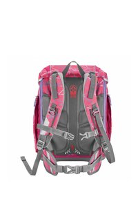 Backpack with a pink geometric pattern, gray straps and accents, padded back, multiple adjustment straps, and side zippered pocket.
