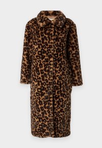 Lang nepbontjas met luipaardprint, een kraag, een bruin-zwart patroon, zachte textuur en een knoopsluiting aan de voorkant.