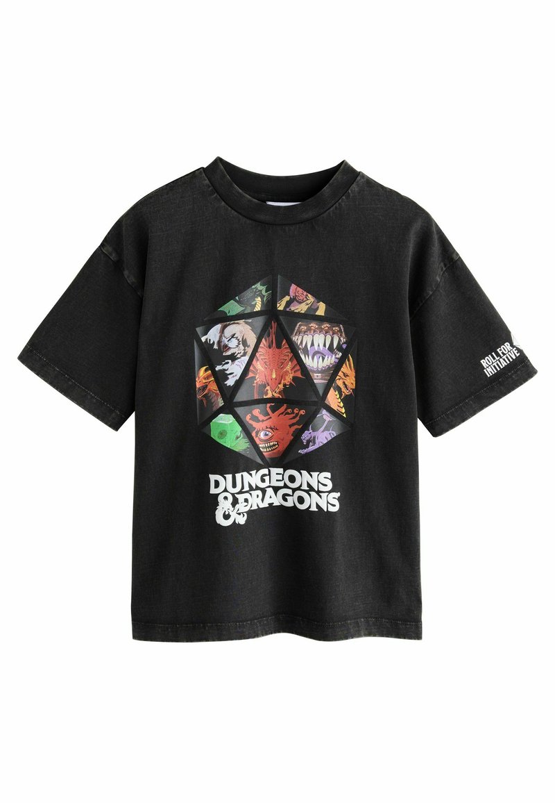 Schwarzes Baumwoll-T-Shirt mit einem bunten Grafikdesign von Fantasiewesen und einem weißen "Dungeons & Dragons"-Logo unten. Kurze Ärmel.