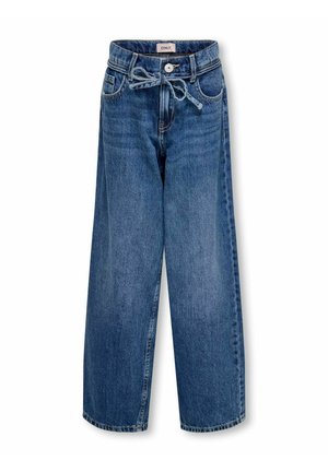 Jean en denim bleu à jambes larges avec une taille à nouer et deux poches avant. Le tissu a une texture douce, avec des détails de décoloration et de couture subtils.