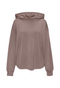Hooded sweatshirt in a muted mauve shade, made from soft fabric. Features long sleeves, a relaxed fit, and a slightly curved hem.