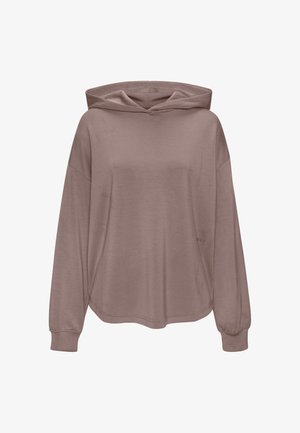 Kapuzenpullover in einem gedämpften Mauveton, hergestellt aus weichem Stoff. Verfügt über lange Ärmel, eine lockere Passform und einen leicht geschwungenen Saum.