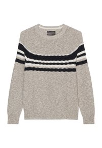 Helles graues Sweatshirt mit strukturiertem Strick, das navy- und weiße horizontale Streifen über der Brust und den Ärmeln aufweist. Rundhalsausschnitt.