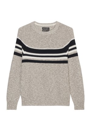 Helles graues Sweatshirt mit strukturiertem Strick, das navy- und weiße horizontale Streifen über der Brust und den Ärmeln aufweist. Rundhalsausschnitt.