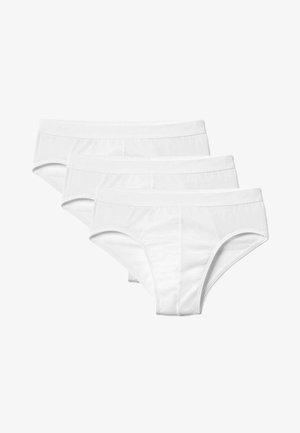 Witte katoenen slips, met een zachte tailleband en een klassieke slipvorm. Eenvoudig ontwerp zonder zichtbare patronen of hardware. Verpakking van drie.