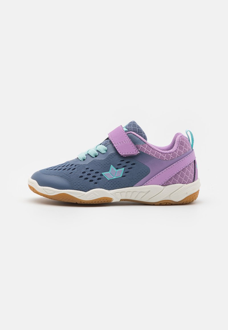 Blue and purple athletic shoe with mesh upper, velcro strap, turquoise accents, perforations for breathability, and rubber outsole.