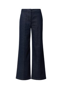 Pantaloni ampi blu scuro in tessuto denim con una superficie liscia, dotati di una vita e sottili pieghe frontali. Nessuna ferramenta visibile.