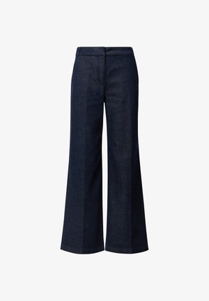 Dark blue wide-leg pants in a denim fabric with a smooth texture, featuring a waistband and subtle front creases. No visible hardware.