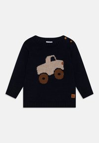Granatowy sweter z wełny, z długimi rękawami, z kremowym wzorem ci�ężarówki i brązowymi kołami. Zawiera dwa brązowe guziki na ramieniu.