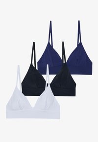 Patru bralette-uri în alb, bleumarin și negru, cu un material neted, cupe triangulare, bretele ajustabile și fără arcuri.