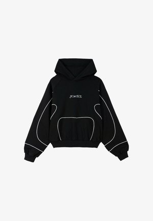 Czarna bluza z kapturem z białym konturem, z prążkowanym dołem i mankietami; posiada przednie logo i luźny krój.