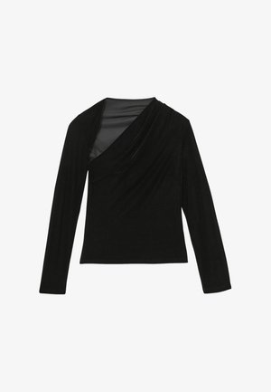 Črn dolgi rokav s potiho ovratnikom in asimetričnim dizajnom, narejen iz gladkega, mehkega materiala s prilegajočo se silhueto.