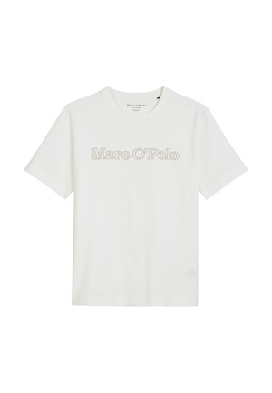 T-shirt en coton blanc avec col rond et manches courtes, portant le logo "Marc O’Polo" imprimé en couleur beige discrète sur le devant.