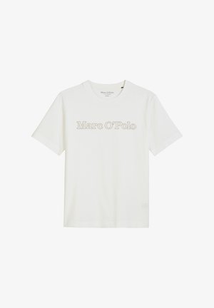 Witte katoenen T-shirt met een ronde hals en korte mouwen, met het logo "Marc O’Polo" in een gedempt beige kleur op de voorkant gedrukt.