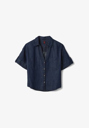 Donkerblauw denim overhemd met korte mouwen, knoopsluiting, twee borstzakken en knoopstrookjes op opgerolde mouwen.