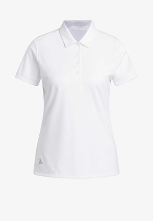 Witte poloshirt gemaakt van gladde stof, met een kraag, korte mouwen, een vijfknopen sluiting en een subtiel logo in de onderste hoek.