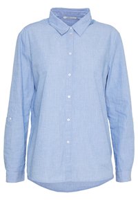 Lichtblauwe, langemouwen overhemd met knopen, gemaakt van een gemêleerde stof. Beschikt over een klassieke kraag en afgeronde zoom, met witte knopen.
