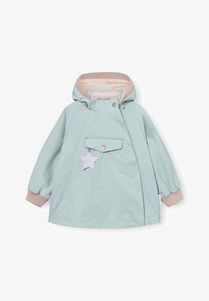 Ανοιχτό γαλάζιο παιδικό αδιάβροχο με κουκούλα, ροζ ribbed μανσέτες και επένδυση κουκούλας, εμπρόσθια τσέπη και ετικέτα σε σχήμα αστέρα.