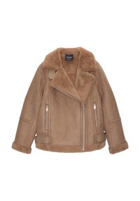 Brown shearling jacket with a wide collar, zippered side pockets, and a textured soft finish. Features a relaxed fit and cuffed sleeves.