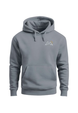 Grau melierter Hoodie aus weichem Stoff, mit einer Fronttasche, einem Kordelzug am Kapuzen und einem Bergmotiv in Weiß und Orange auf der Brust.