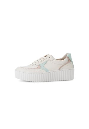 Platform sneakers in white faux leather with pastel blue and pink accents. The textured sole features a ridged design and stitched detailing.