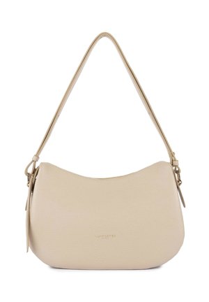 Sac à bandoulière en cuir beige avec une fermeture éclair incurvée sur le dessus et une sangle réglable, comportant un logo discrètement embossé à l'avant.