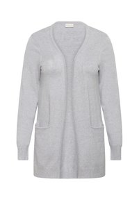 Cardigan grigio chiaro con design a fronte aperta, maniche lunghe, due tasche frontali e orlo e polsini a coste, realizzato in morbido materiale lavorato a maglia.