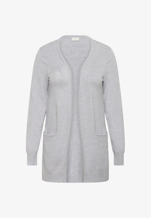 Svetlosivý kardigánový sveter s otvoreným predným dizajnom, dlhými rukávmi, dvoma prednými vreckami a rebrovaným lemom a manžetami, vyrobený z mäkkej pleteniny.