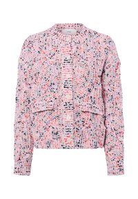Strick-Cardigan mit kurzem Schnitt, strukturiertem rosa-weißem Stoff mit schwarzen und orangefarbenen Sprenkeln, Rundhalsausschnitt und Knopfverschluss.