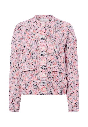 Knit cardigan featuring a cropped design, textured pink and white fabric with black and orange flecks, round neckline, and button closure.