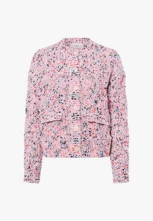 Knit cardigan featuring a cropped design, textured pink and white fabric with black and orange flecks, round neckline, and button closure.