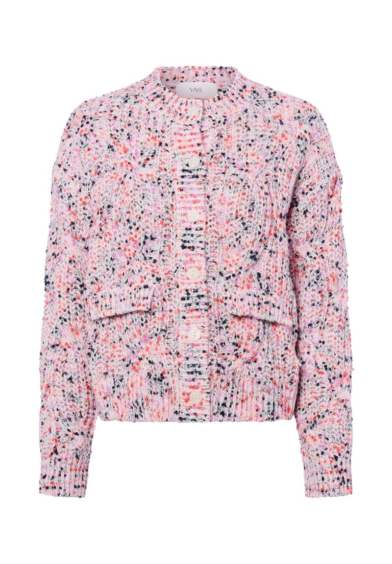 Strick-Cardigan mit kurzem Schnitt, strukturiertem rosa-weißem Stoff mit schwarzen und orangefarbenen Sprenkeln, Rundhalsausschnitt und Knopfverschluss.