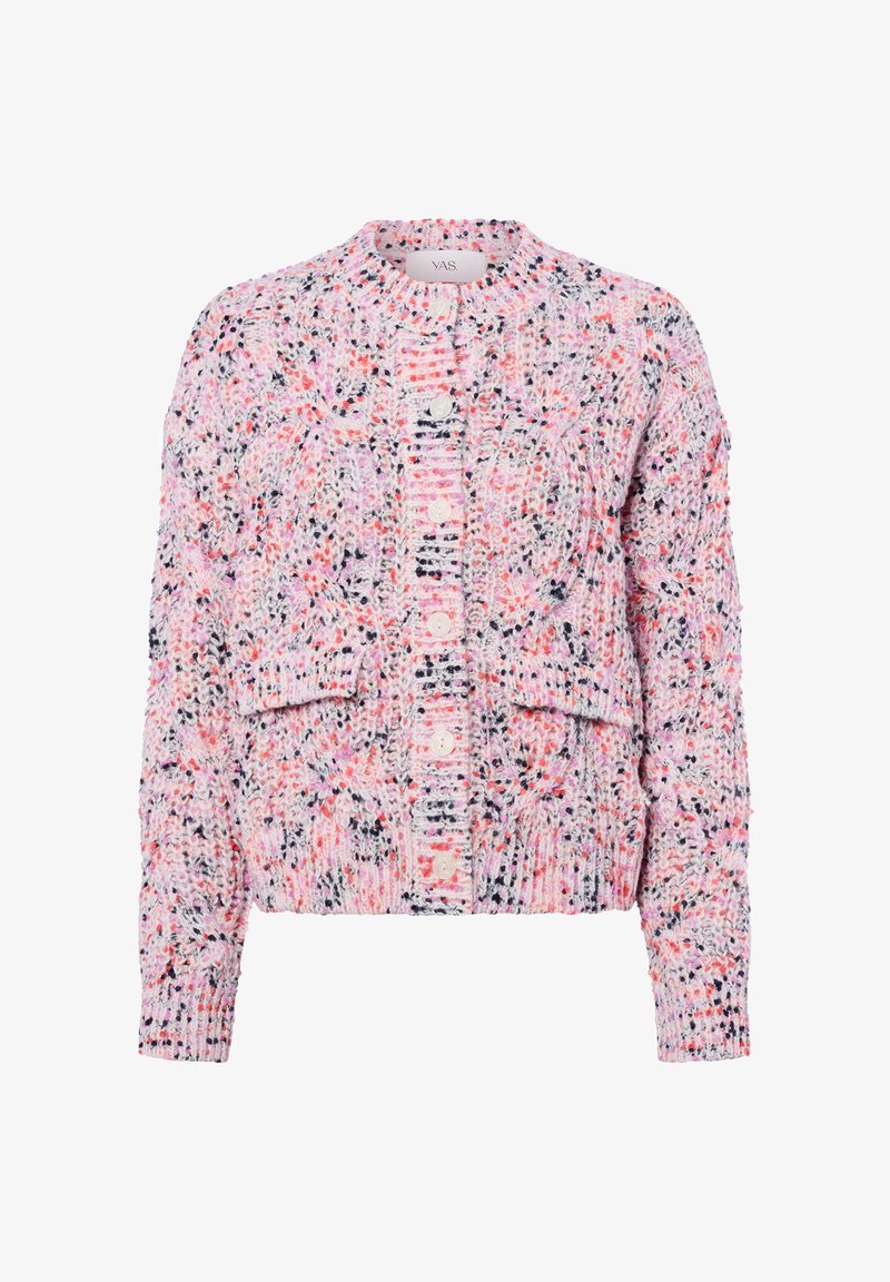 Knit cardigan featuring a cropped design, textured pink and white fabric with black and orange flecks, round neckline, and button closure.