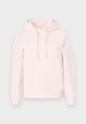 Light pink hooded sweatshirt made of soft fabric, featuring a kangaroo pocket, drawstring hood, and embroidered logo on the chest.