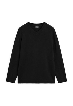 Sort V-hals sweater lavet af blødt stof, med lange ærmer og en afslappet pasform. Enkel design uden synlige mønstre eller accenter.