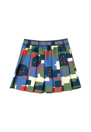 Jupe plissée avec un motif géométrique abstrait en bleu, vert, crème, rouge et violet, avec une taille bleu marine avec le texte "BOBO CHOSES".