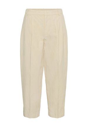 Pantalon beige clair taille haute avec plis, poches latérales, jambes droites et taille sans fermeture visible, présenté sur fond blanc.