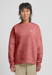 Felpa in rosa corallo, realizzata in tessuto morbido. Presenta un collo rotondo, cuciture delle spalle scese e un piccolo logo bianco sul petto.