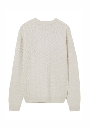 Maglione a trecce color crema chiaro con colletto tondo, texture morbida e polsini e orlo a coste. La vista posteriore mostra un dettaglio del motivo intricato.