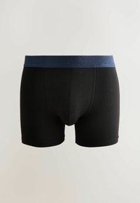 Boxeri negri cu un elastic bleumarin, prezentând un model texturat, realizati dintr-un material neted și elastic, cu o potrivire confortabilă.