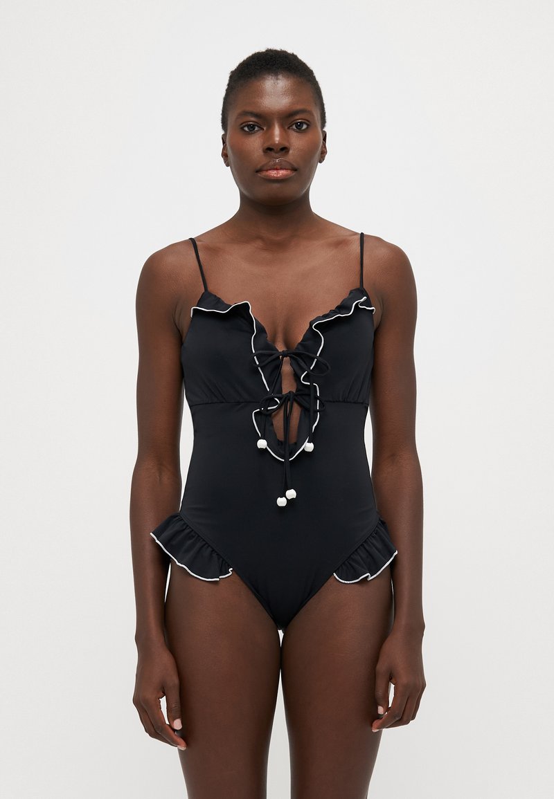Sea CAMILLE RUFFLE PURL TIE FRONT ONE PIECE - Swimsuit - black