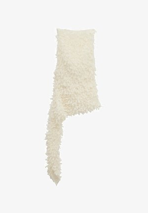 Robe blanche asymétrique avec tissu texturé et superposé évoquant des pétales, ajustée en haut et s'écoulant d'un côté.