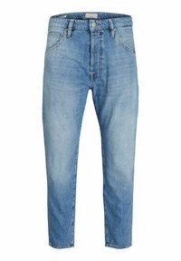 Jeans de mezclilla azul claro con corte recto, cinco bolsillos y cierre de botón. Presenta un lavado desgastado y detalles de costura clásica.
