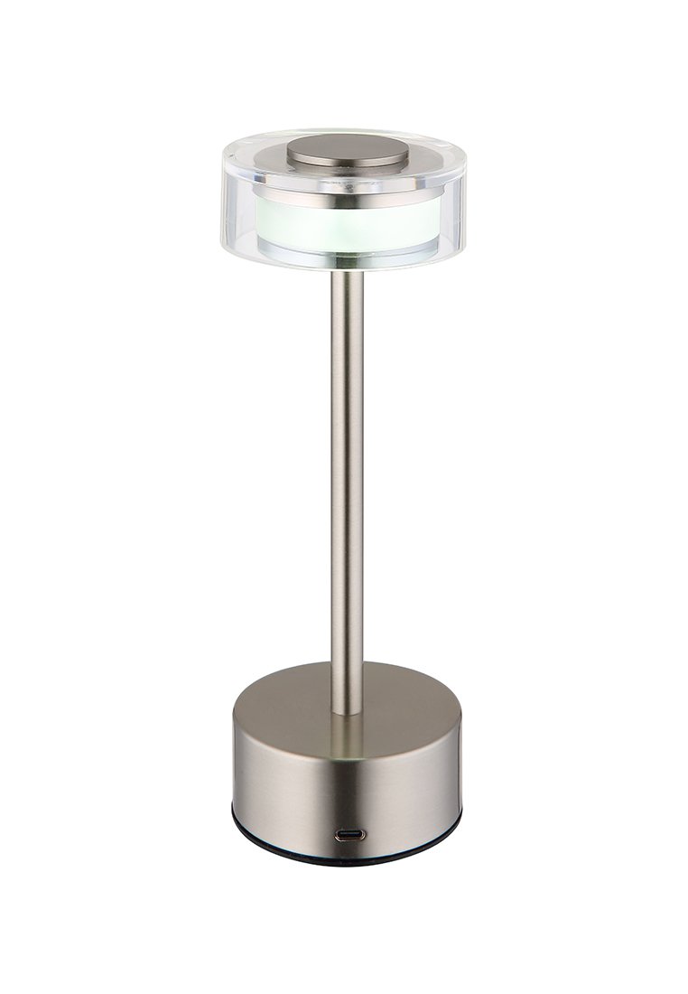 Lampa stołowa z podstawą ze stali nierdzewnej, przezroczystym kloszem, okrągłym wierzchem i cylindrycznym stelażem; posiada port ładowania USB u podstawy.