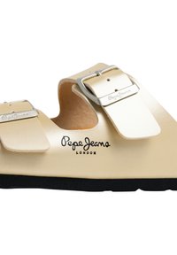 Sandalia beige de tipo slide con punta abierta, dos hebillas ajustables plateadas y suela negra, con el logo "Pepe Jeans London" en el lateral.