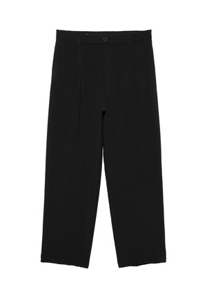 Fekete, széles szárú nadrág övbújtatókkal, elülső gombbal és pliszírozott kialakítással, fehér háttér előtt bemutatva.